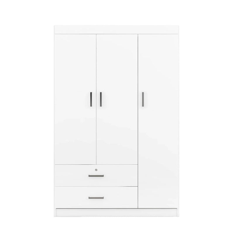 White / Grey 3-Door Wardrobe with 2 Drawers, for 1 Person