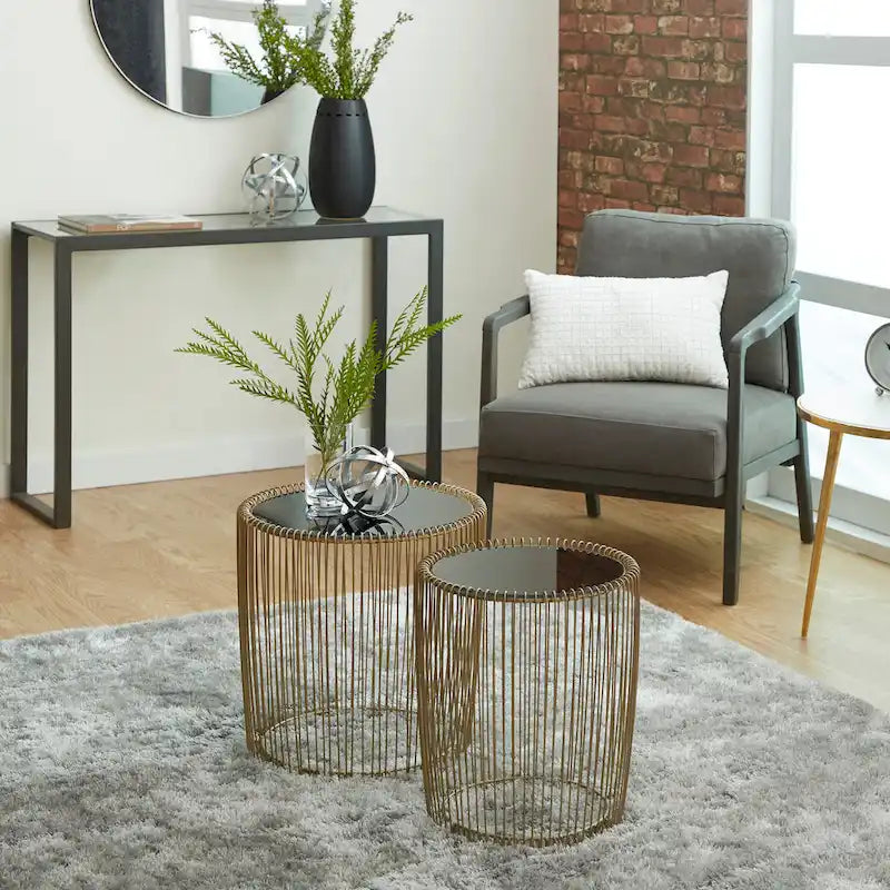 Gold Iron Round End Tables with Black Glass Top, Set of 2