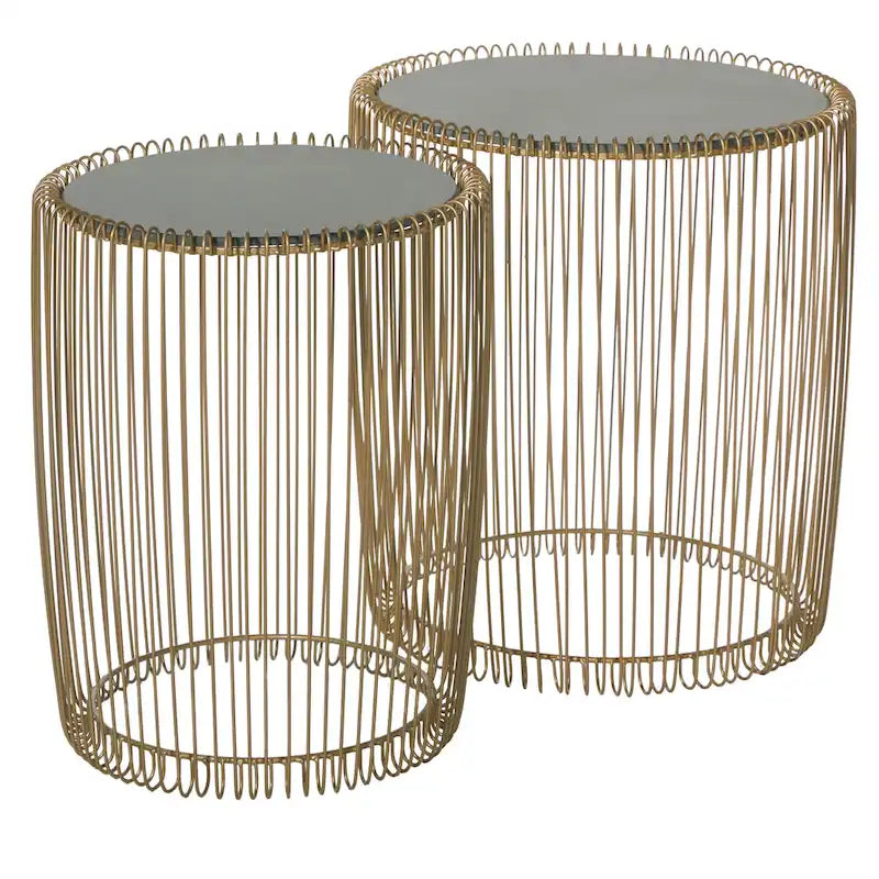 Gold Iron Round End Tables with Black Glass Top, Set of 2