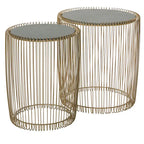 Gold Iron Round End Tables with Black Glass Top, Set of 2