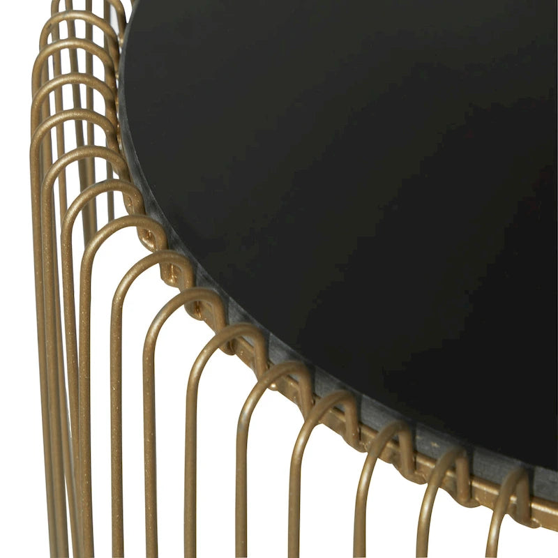 Gold Iron Round End Tables with Black Glass Top, Set of 2
