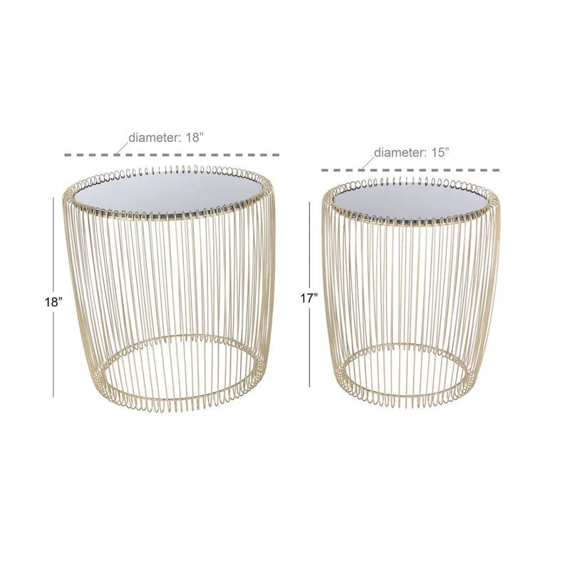 Gold Iron Round End Tables with Black Glass Top, Set of 2
