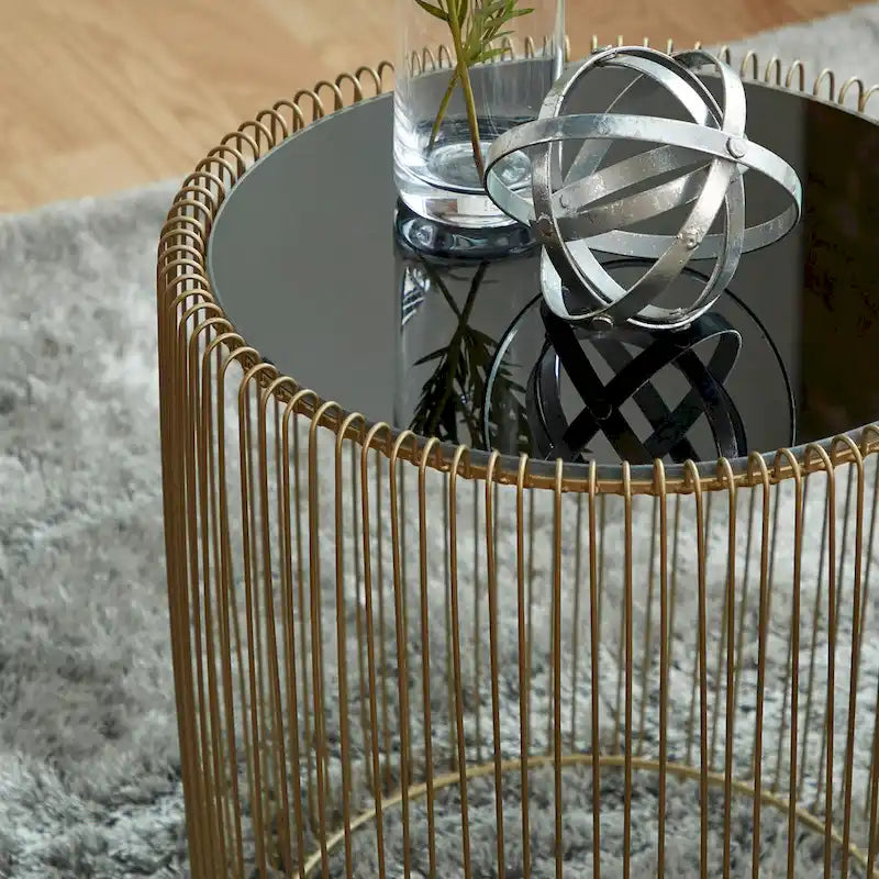 Gold Iron Round End Tables with Black Glass Top, Set of 2
