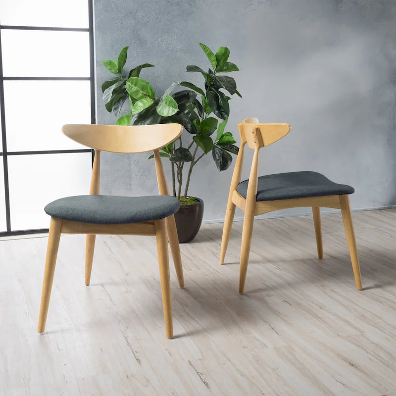Mid-Century Modern Dining Chair, Oak/Walnut Frame, Grey/Beige Fabric, Set of 2