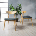 Mid-Century Modern Dining Chair, Oak/Walnut Frame, Grey/Beige Fabric, Set of 2