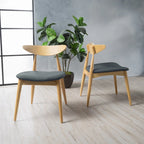 Mid-Century Modern Dining Chair, Oak/Walnut Frame, Grey/Beige Fabric, Set of 2