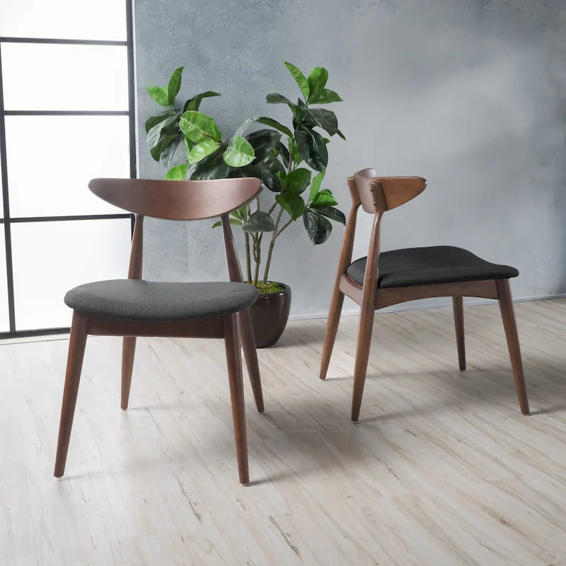 Chaise de salle à manger Mid-Century Modern, structure chêne/noyer, tissu gris/beige, lot de 2