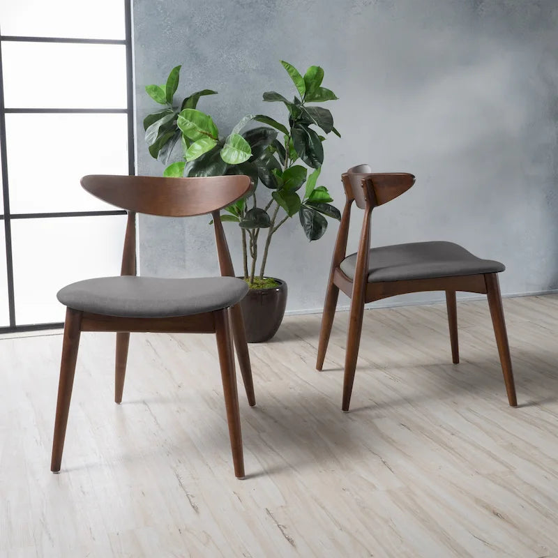 Chaise de salle à manger Mid-Century Modern, structure chêne/noyer, tissu gris/beige, lot de 2