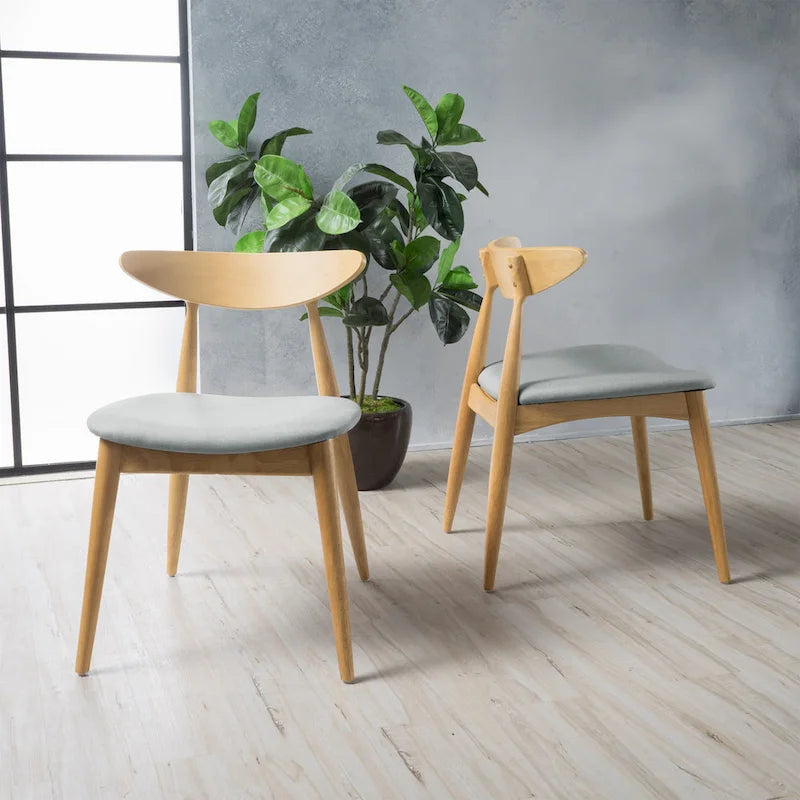 Mid-Century Modern Dining Chair, Oak/Walnut Frame, Grey/Beige Fabric, Set of 2