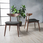 Mid-Century Modern Dining Chair, Oak/Walnut Frame, Grey/Beige Fabric, Set of 2