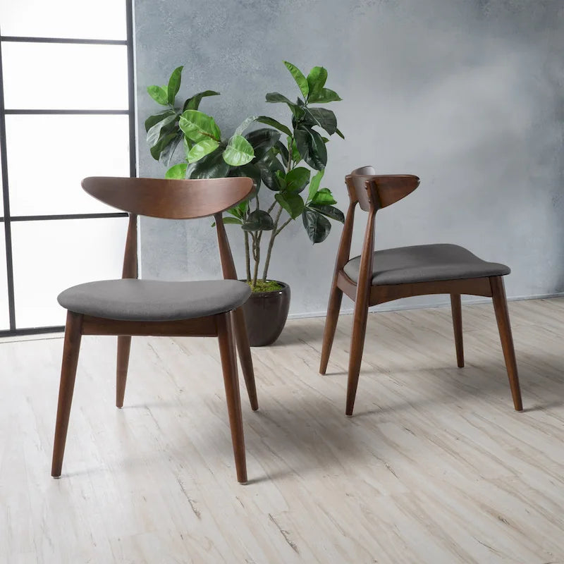 Mid-Century Modern Dining Chair, Oak/Walnut Frame, Grey/Beige Fabric, Set of 2