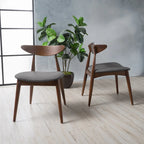 Mid-Century Modern Dining Chair, Oak/Walnut Frame, Grey/Beige Fabric, Set of 2