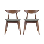 Mid-Century Modern Dining Chair, Oak/Walnut Frame, Grey/Beige Fabric, Set of 2