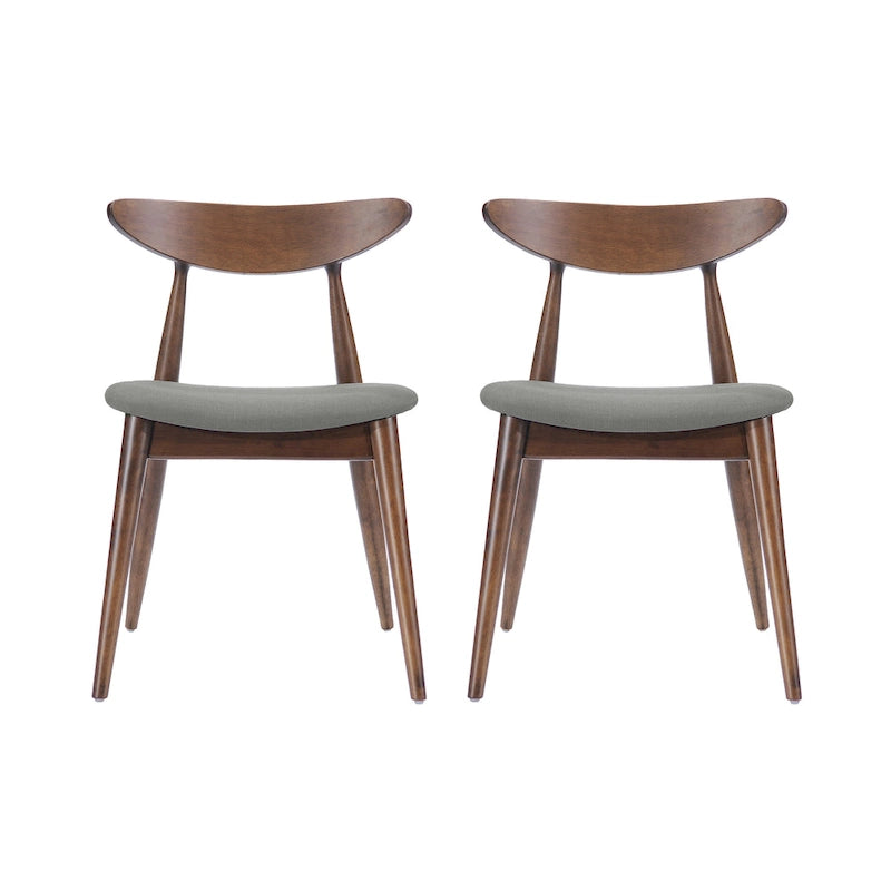 Mid-Century Modern Dining Chair, Oak/Walnut Frame, Grey/Beige Fabric, Set of 2