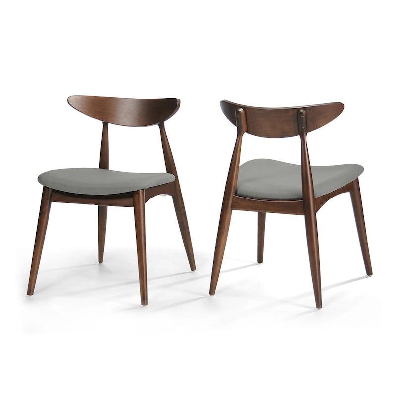 Mid-Century Modern Dining Chair, Oak/Walnut Frame, Grey/Beige Fabric, Set of 2