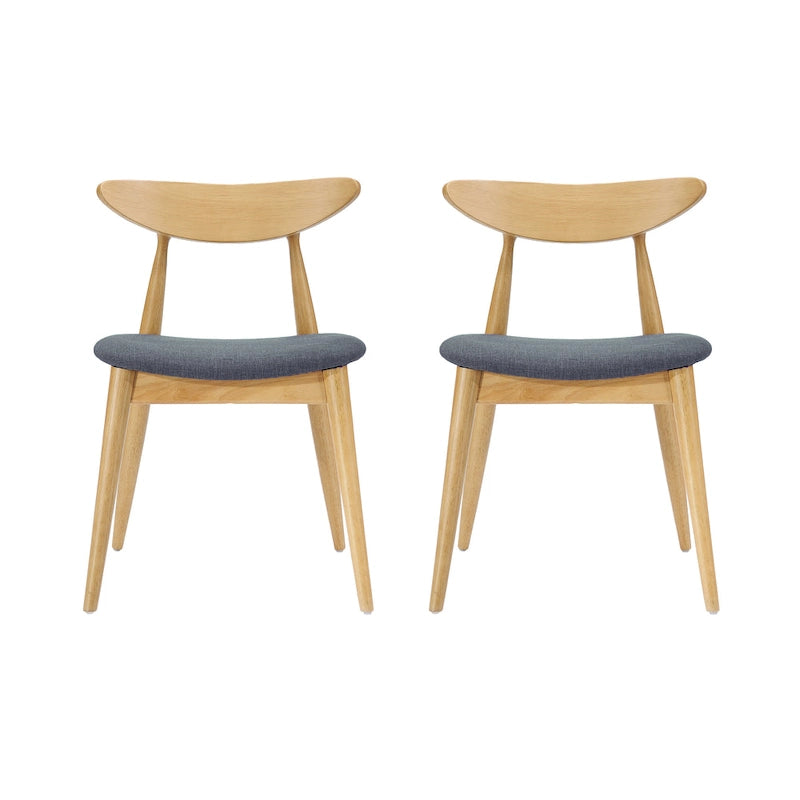 Mid-Century Modern Dining Chair, Oak/Walnut Frame, Grey/Beige Fabric, Set of 2