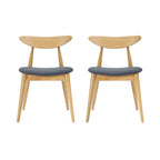 Mid-Century Modern Dining Chair, Oak/Walnut Frame, Grey/Beige Fabric, Set of 2