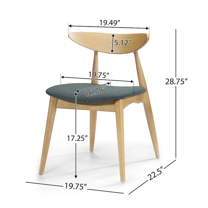 Mid-Century Modern Dining Chair, Oak/Walnut Frame, Grey/Beige Fabric, Set of 2
