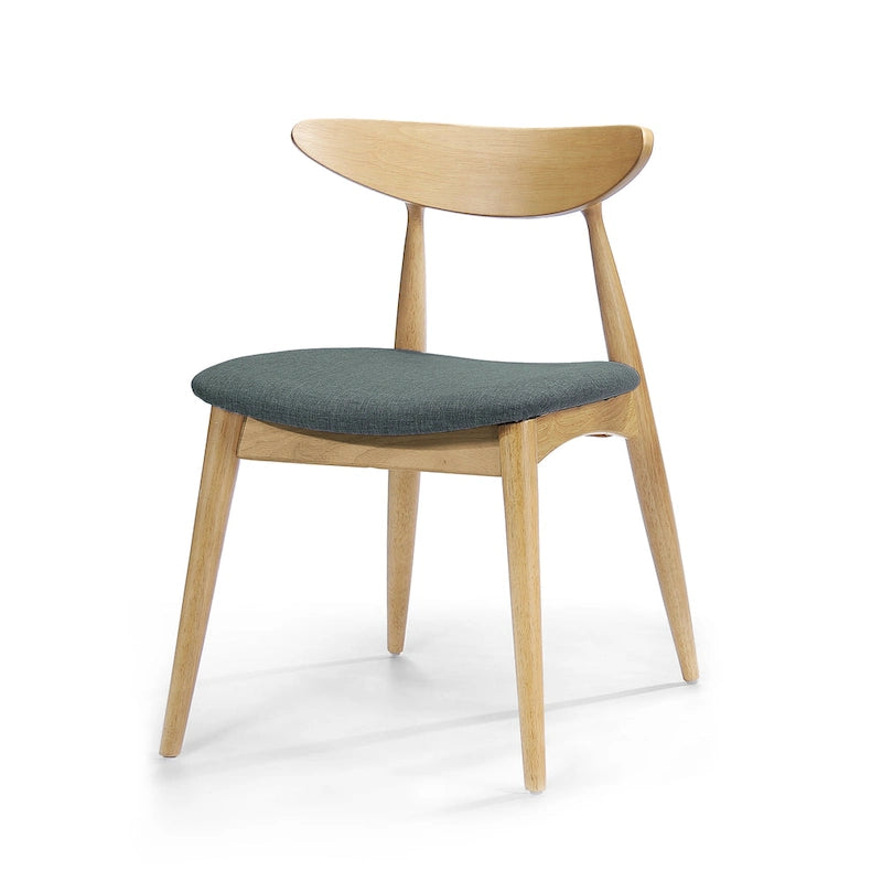 Mid-Century Modern Dining Chair, Oak/Walnut Frame, Grey/Beige Fabric, Set of 2