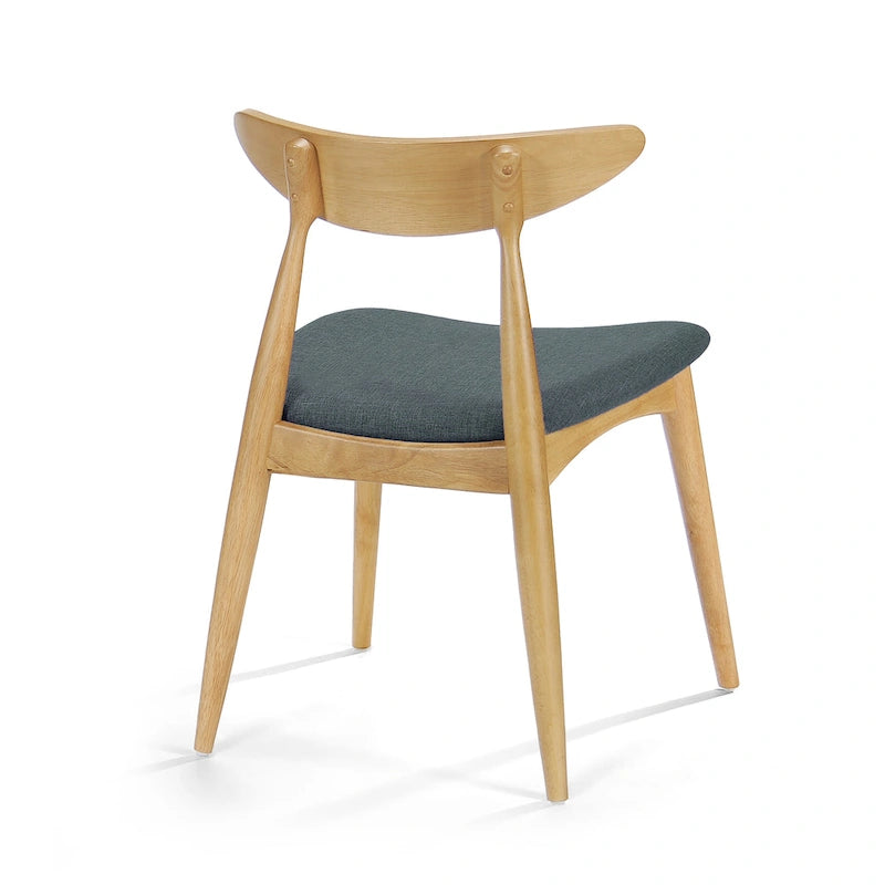 Mid-Century Modern Dining Chair, Oak/Walnut Frame, Grey/Beige Fabric, Set of 2