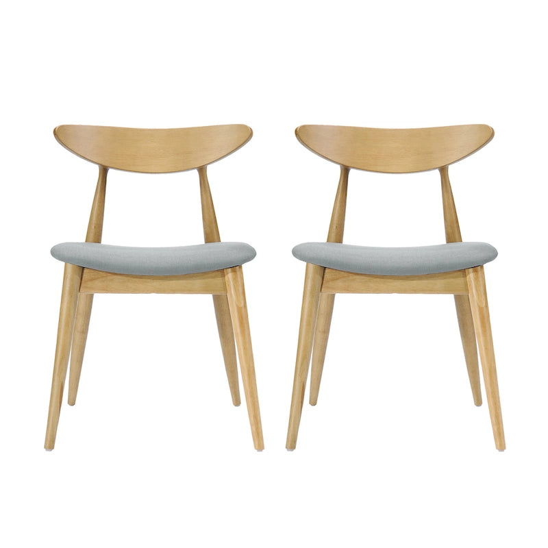 Mid-Century Modern Dining Chair, Oak/Walnut Frame, Grey/Beige Fabric, Set of 2