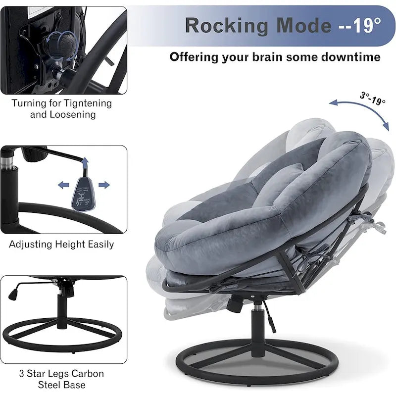 Velvet Swivel Papasan Chair with Height Adjustment, for 1 Person – Grey / Purple / Green / Yellow / Blue / Dark Brown