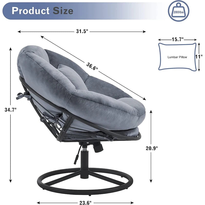 Velvet Swivel Papasan Chair with Height Adjustment, for 1 Person – Grey / Purple / Green / Yellow / Blue / Dark Brown
