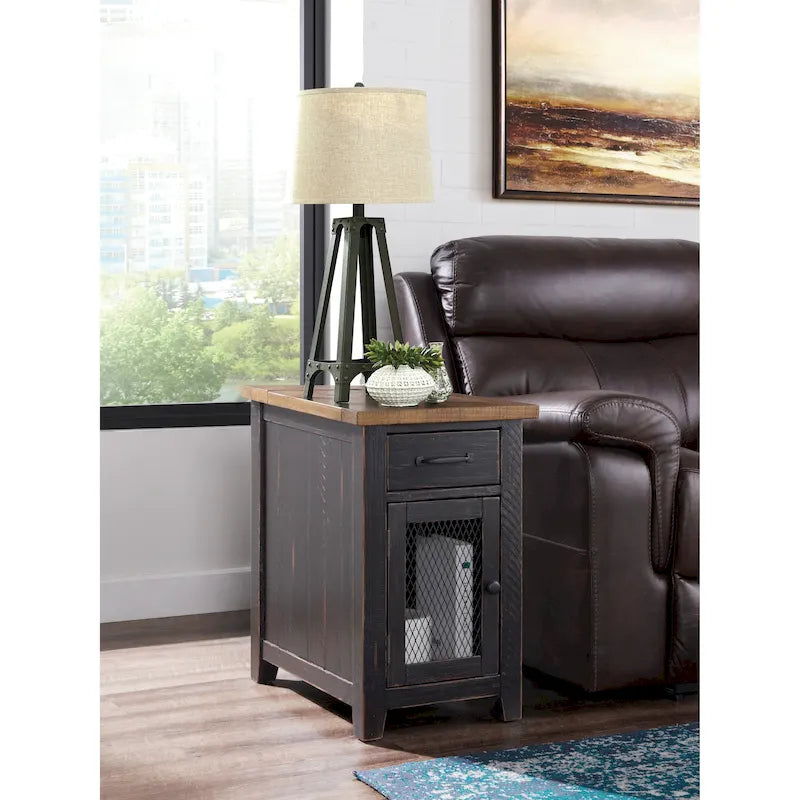 Antique Black & Honey / Grey / Espresso Rustic Wood Side Table with Charging Station