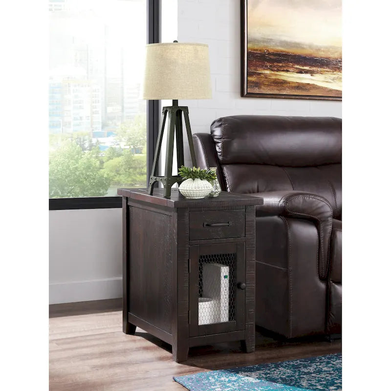 Table d'appoint rustique en bois noir antique et miel / gris / expresso avec station de recharge