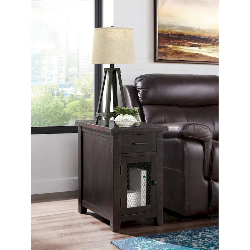 Antique Black & Honey / Grey / Espresso Rustic Wood Side Table with Charging Station