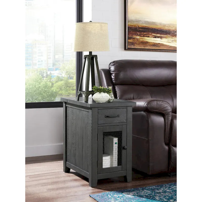 Antique Black & Honey / Grey / Espresso Rustic Wood Side Table with Charging Station