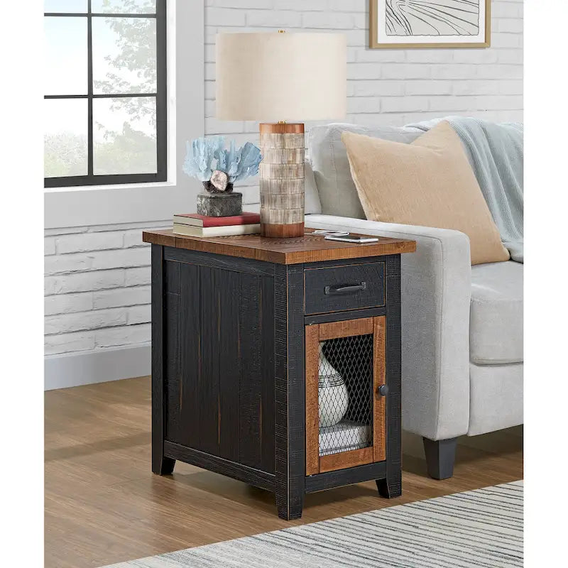 Antique Black & Honey / Grey / Espresso Rustic Wood Side Table with Charging Station