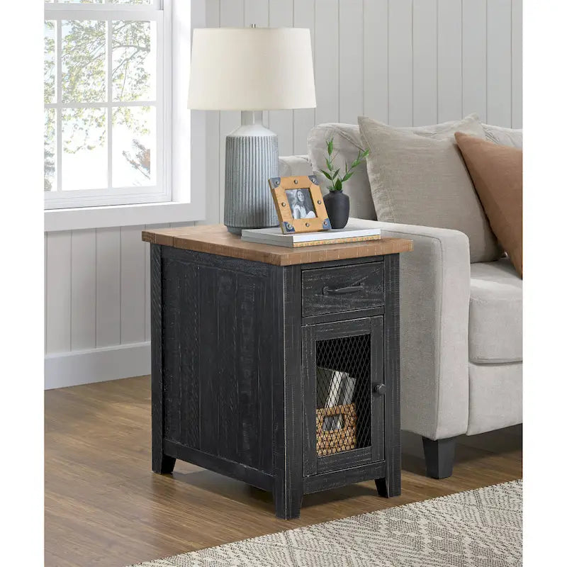 Antique Black & Honey / Grey / Espresso Rustic Wood Side Table with Charging Station