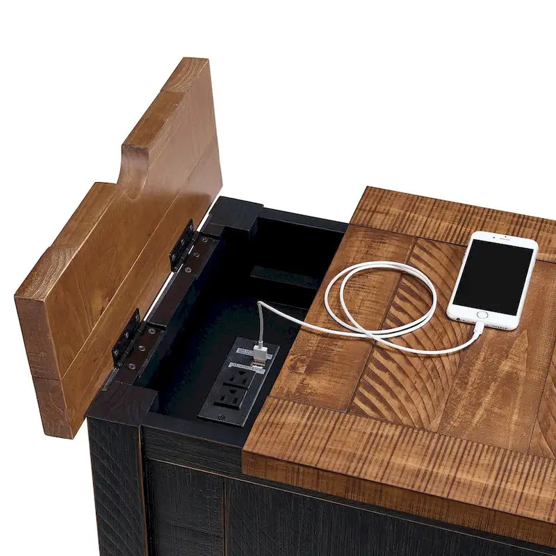 Antique Black & Honey / Grey / Espresso Rustic Wood Side Table with Charging Station