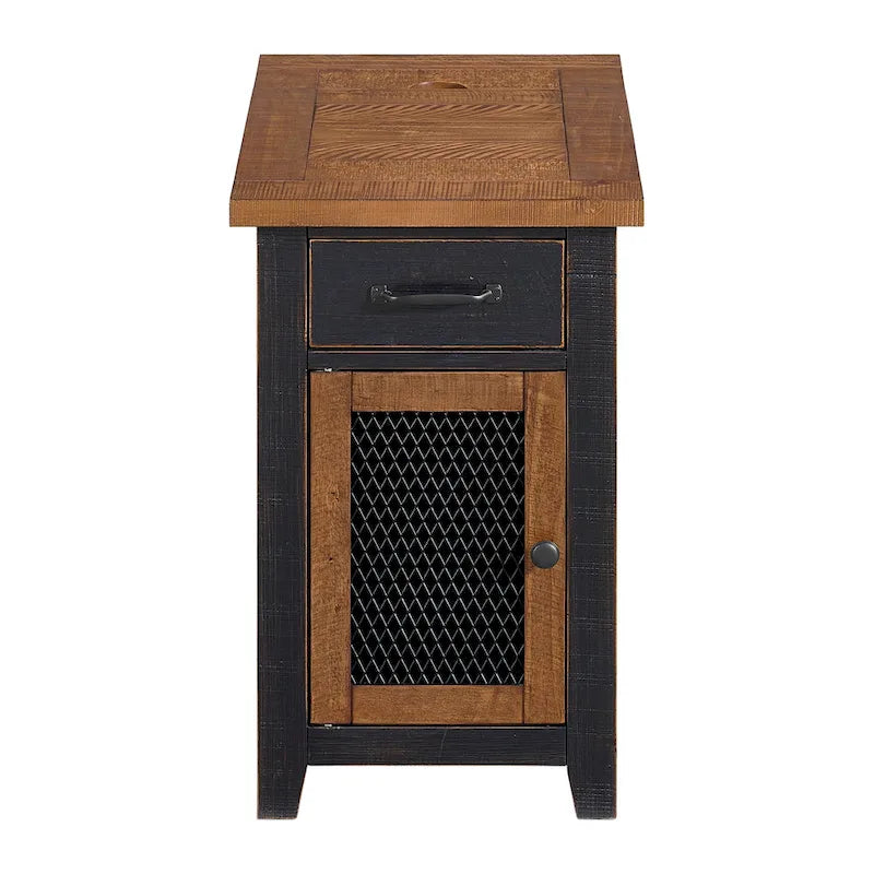 Antique Black & Honey / Grey / Espresso Rustic Wood Side Table with Charging Station