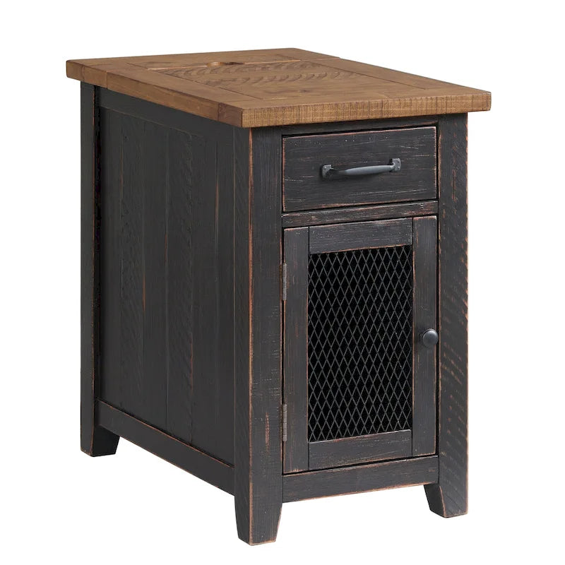 Antique Black & Honey / Grey / Espresso Rustic Wood Side Table with Charging Station