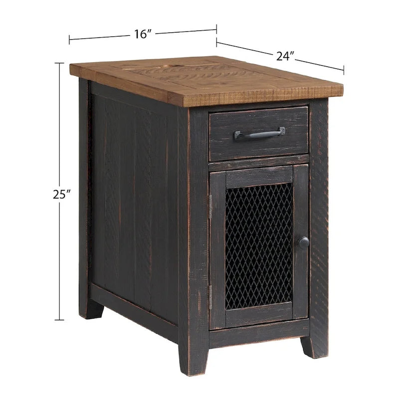 Antique Black & Honey / Grey / Espresso Rustic Wood Side Table with Charging Station