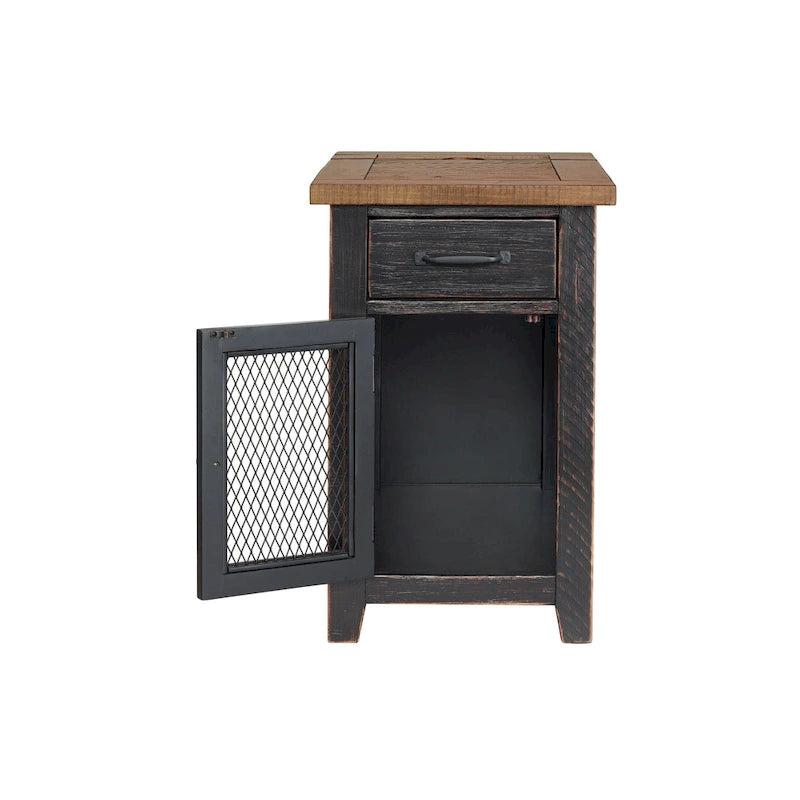 Antique Black & Honey / Grey / Espresso Rustic Wood Side Table with Charging Station