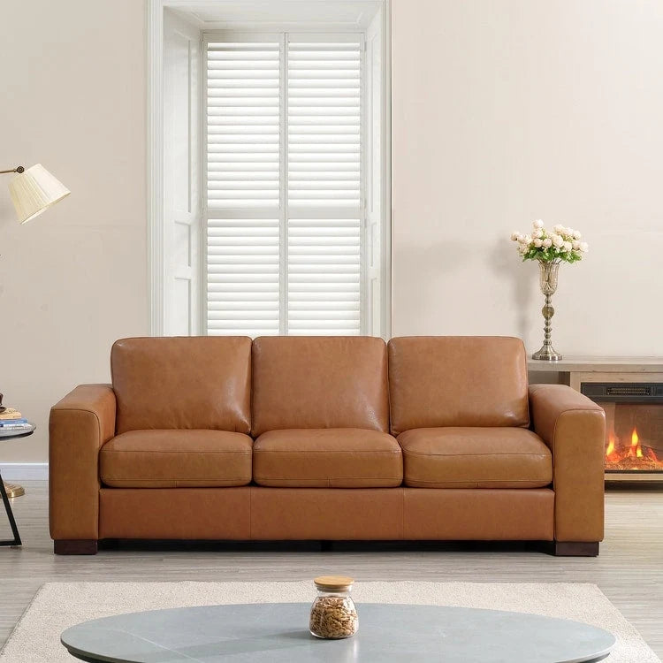 Tan / Espresso / White Genuine Leather Sofa, Mid-Century Style, Seats 3