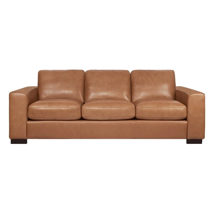 Tan / Espresso / White Genuine Leather Sofa, Mid-Century Style, Seats 3