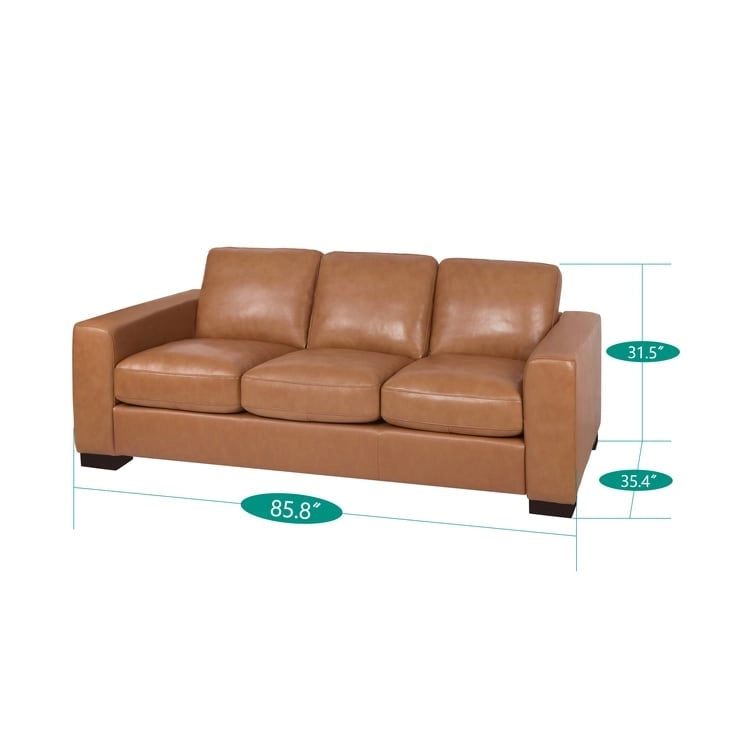 Tan / Espresso / White Genuine Leather Sofa, Mid-Century Style, Seats 3