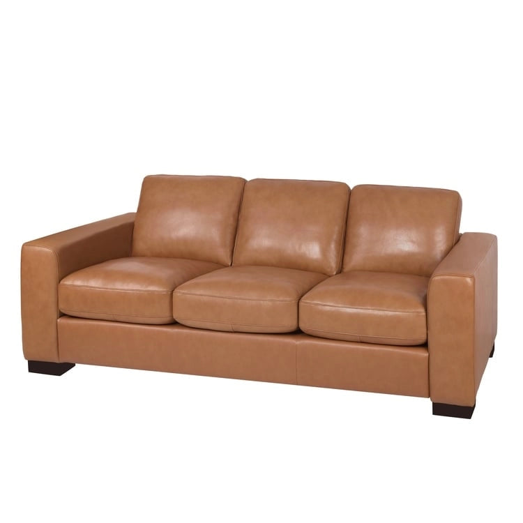 Tan / Espresso / White Genuine Leather Sofa, Mid-Century Style, Seats 3