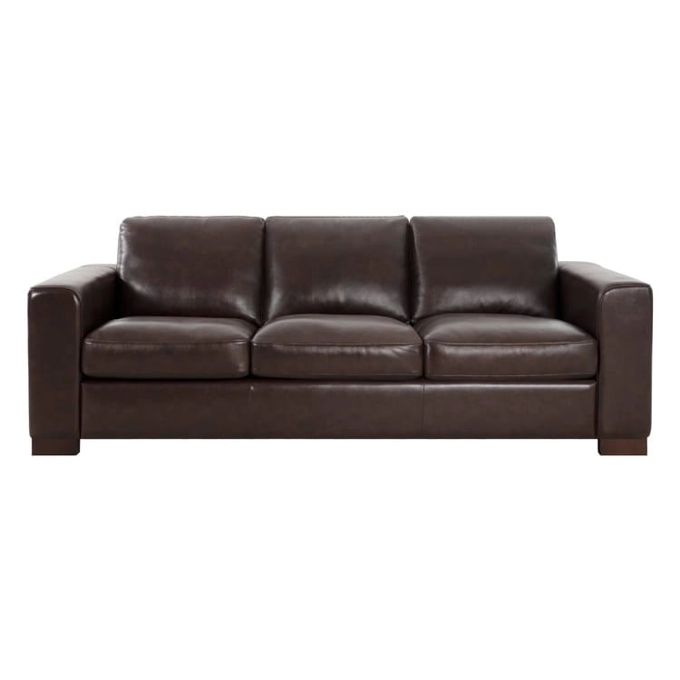 Tan / Espresso / White Genuine Leather Sofa, Mid-Century Style, Seats 3