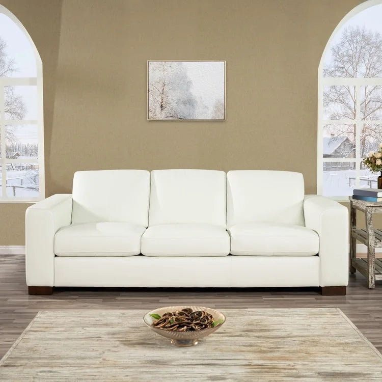Tan / Espresso / White Genuine Leather Sofa, Mid-Century Style, Seats 3