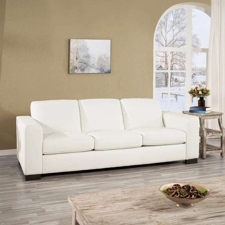 Tan / Espresso / White Genuine Leather Sofa, Mid-Century Style, Seats 3
