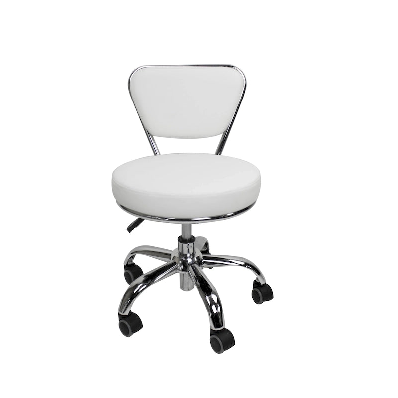 White Single-Seat Adjustable Rolling Pedicure Stool with Backrest