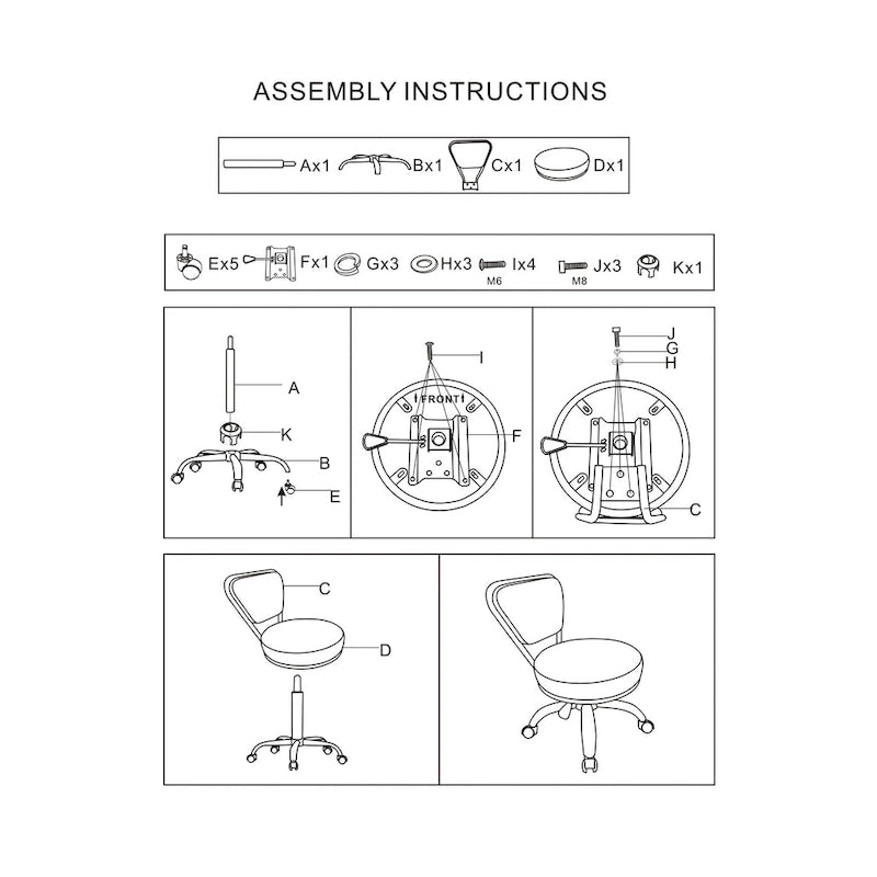 White Single-Seat Adjustable Rolling Pedicure Stool with Backrest