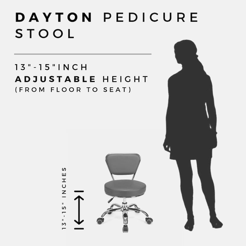 White Single-Seat Adjustable Rolling Pedicure Stool with Backrest