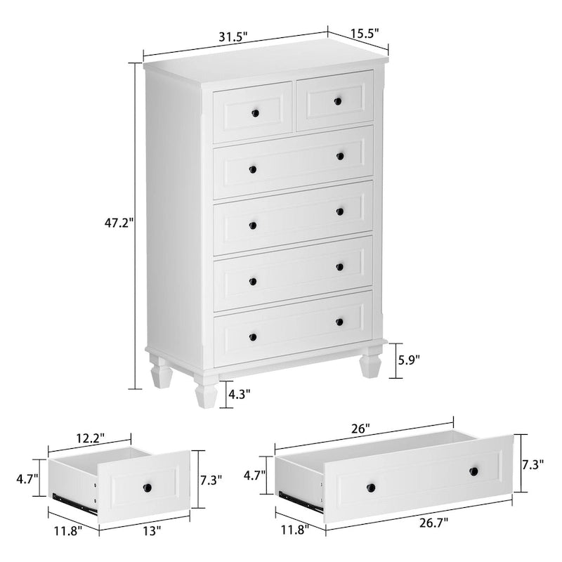White 6-Drawer Vertical Dresser, Single