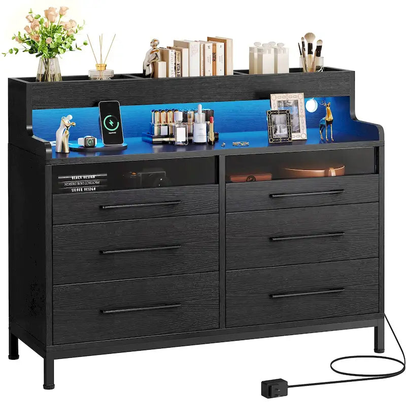 White / Black / Grey 6-Drawer Dresser with LED Strip, Single